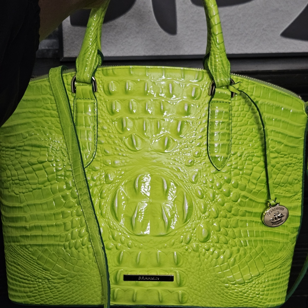 Brahmin Neon Green Crocodile-Embossed Tote